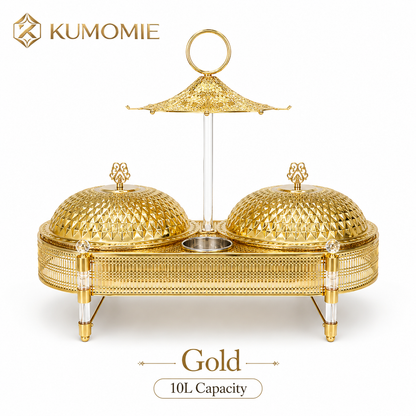 KUMOMIE Luxury Gold Double Chafing Dish Set with Textured Dome Lids, Stainless Steel Food Pans & Acrylic Legs, 10L Buffet Food Warmer for Weddings, Catering, Hotels & Parties