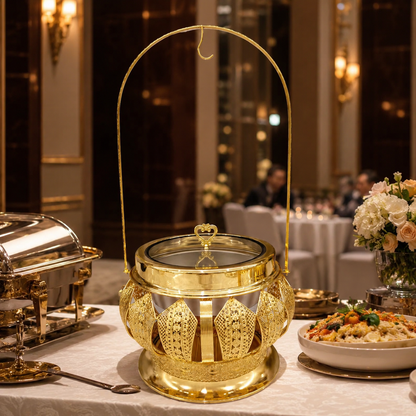 Luxury Round Gold Chafing Dish with Glass Lid, Stainless Steel Food Pan & Decorative Hanging Handle for Hotel Buffet, Wedding Catering, Banquets and Parties