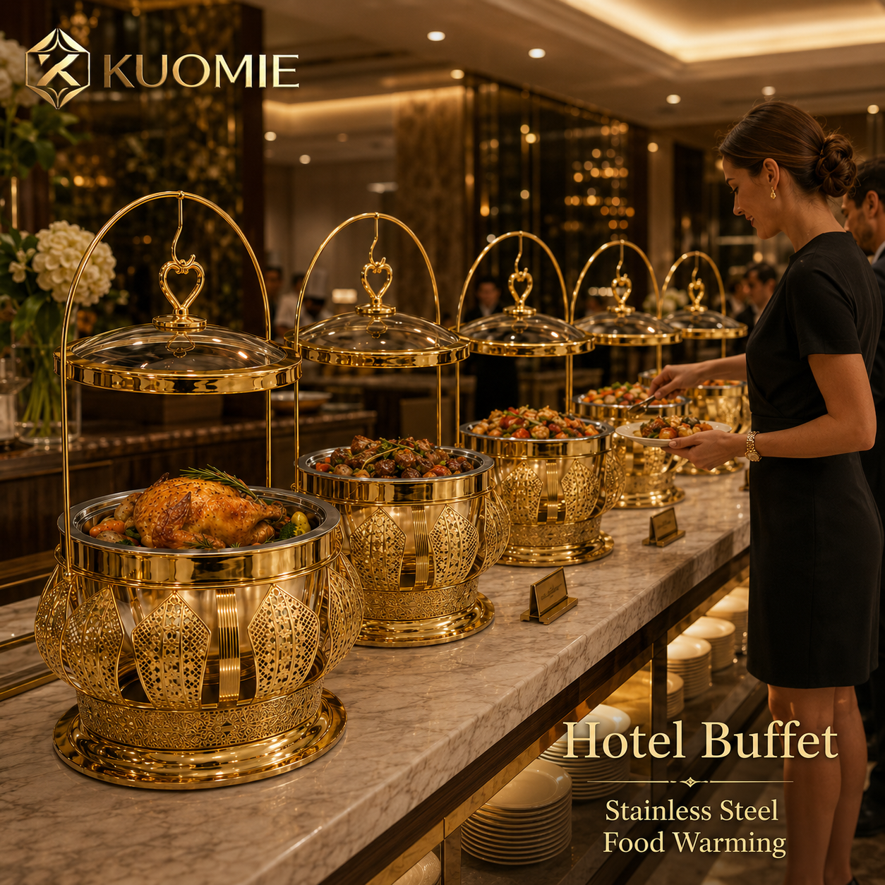 Luxury Round Gold Chafing Dish with Glass Lid, Stainless Steel Food Pan & Decorative Hanging Handle for Hotel Buffet, Wedding Catering, Banquets and Parties