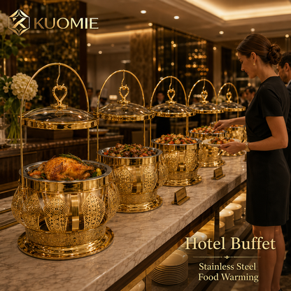 Luxury Round Gold Chafing Dish with Glass Lid, Stainless Steel Food Pan & Decorative Hanging Handle for Hotel Buffet, Wedding Catering, Banquets and Parties