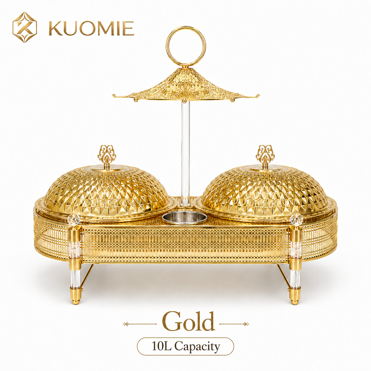 KUOMIE 10L Luxury Gold Double Chafing Dish Set with Textured Dome Lids