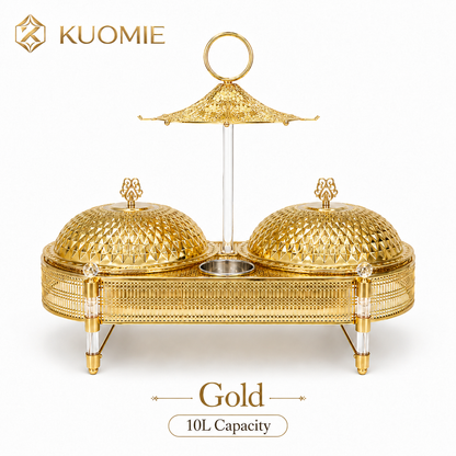 KUOMIE 10L Luxury Gold Double Chafing Dish Set with Textured Dome Lids