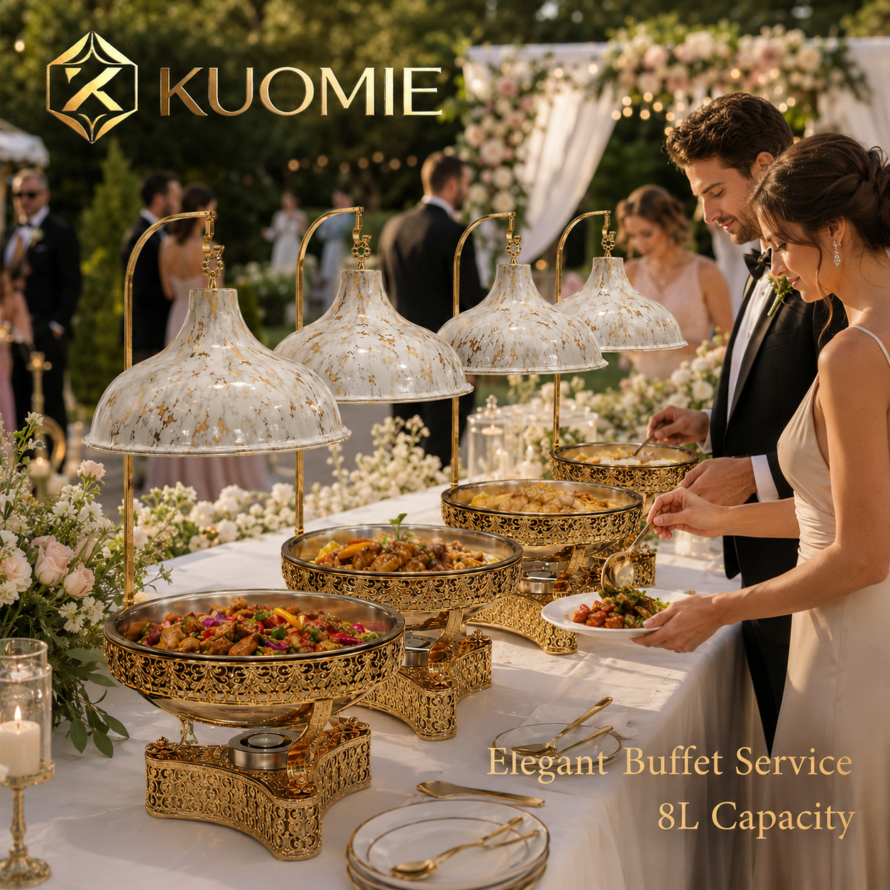 KUOMIE 8L Luxury Chafing Dish with Hanging Lid, Stainless Steel Food Pan, Gold Filigree Buffet Warmer for Weddings, Hotels, Catering, Parties and Events