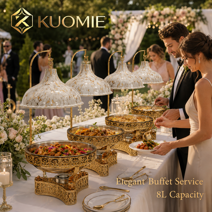 KUOMIE 8L Luxury Chafing Dish with Hanging Lid, Stainless Steel Food Pan, Gold Filigree Buffet Warmer for Weddings, Hotels, Catering, Parties and Events