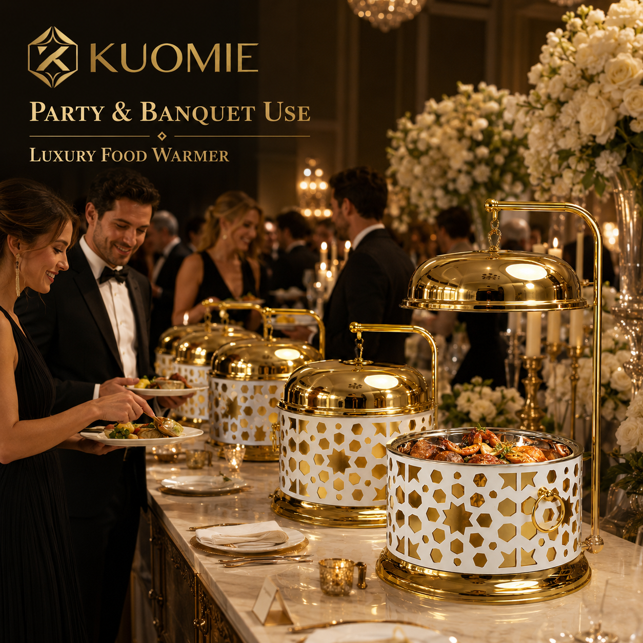 Luxury 13L White and Gold Buffet Warmer with Hanging Lid and Stainless Steel Food Pan