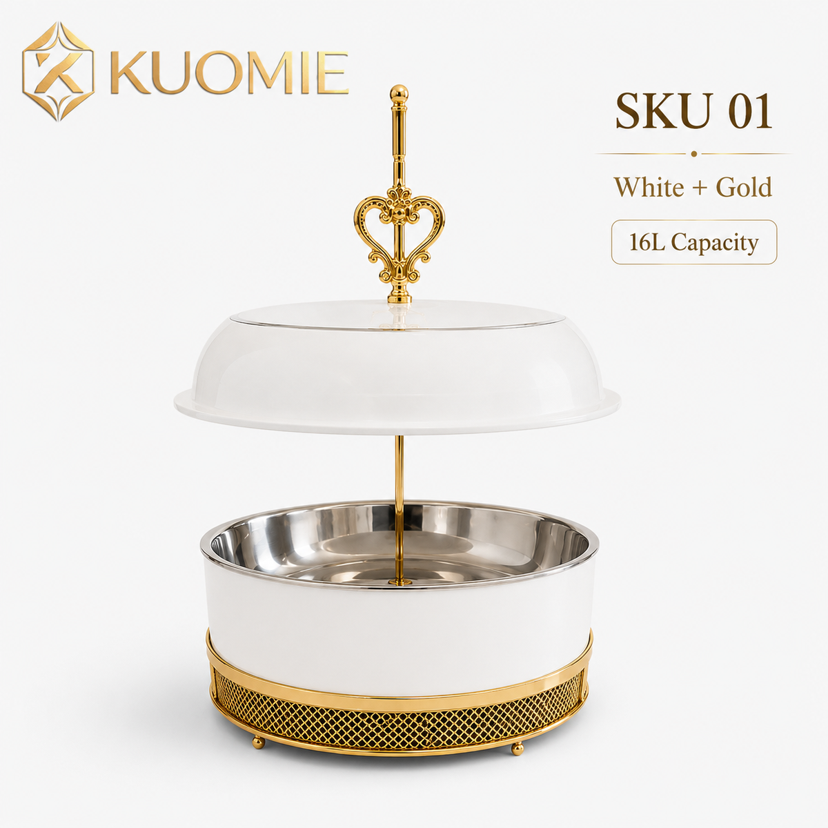KUOMIE 16L Luxury White and Gold Chafing Dish for Buffet Food Warming and Elegant Catering