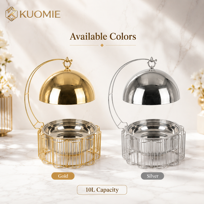 Luxury Gold Round Chafing Dish Set with Dome Lid for Outdoor Wedding Buffet, Catering Events & Party Food Warmer
