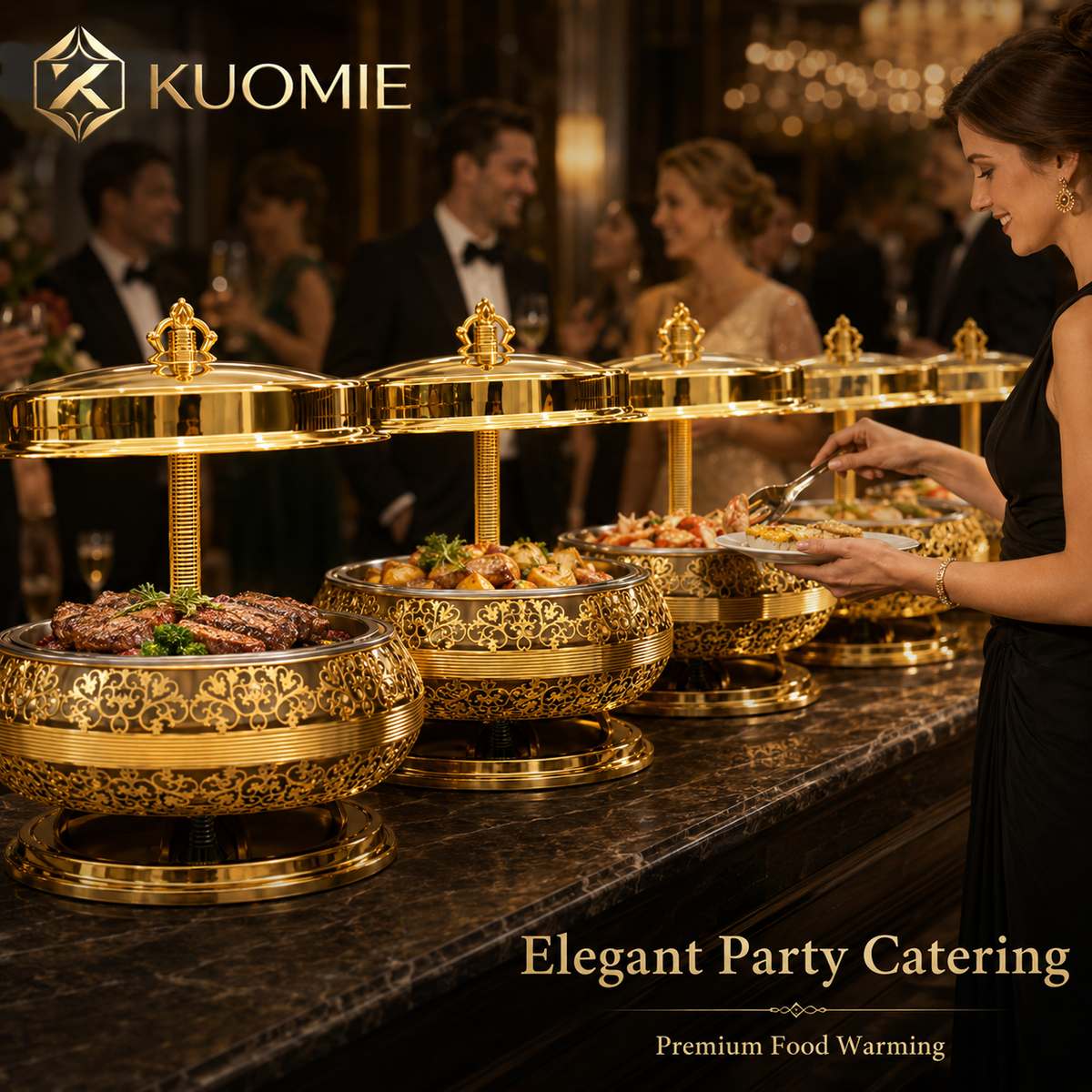 KUOMIE Luxury Gold 9L Chafing Dish for Premium Buffet Food Warming and Elegant Event Catering