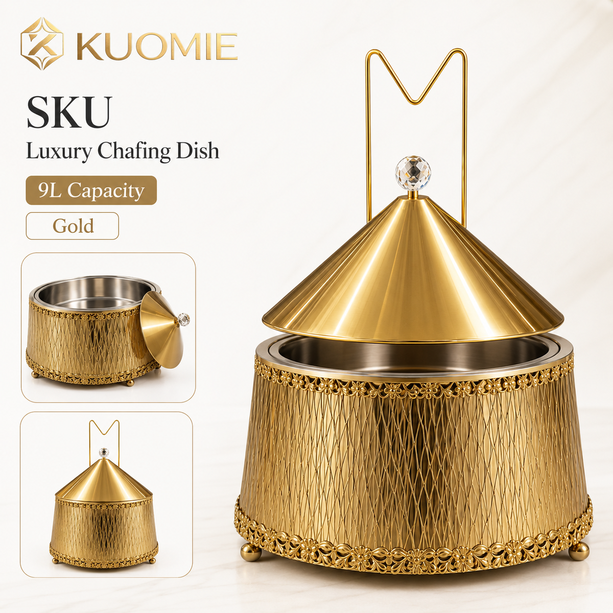 KUOMIE Luxury Gold 9L Chafing Dish Food Warmer with Stainless Steel Bowl and Cone Lid for Weddings, Buffets and Catering