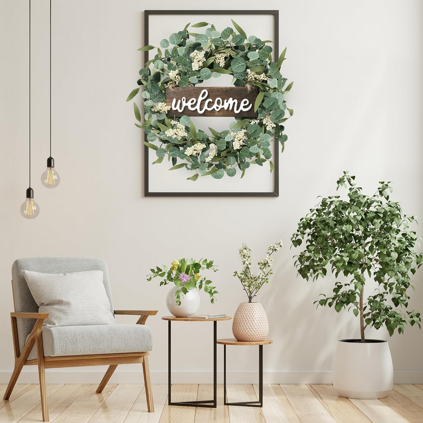 Green Eucalyptus Wreath with Welcome Sign 20in Artificial Spring Summer White Berries for Front Door Wall Window Festival Farmhouse Porch Patio Garden Decor, White,green - kuomie