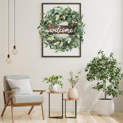 Green Eucalyptus Wreath with Welcome Sign 20in Artificial Spring Summer White Berries for Front Door Wall Window Festival Farmhouse Porch Patio Garden Decor, White,green - kuomie