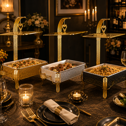 Luxury Wedding Chafing Dish Buffet Set with Decorative Hanging Shelf | Premium Catering Food Warmer
