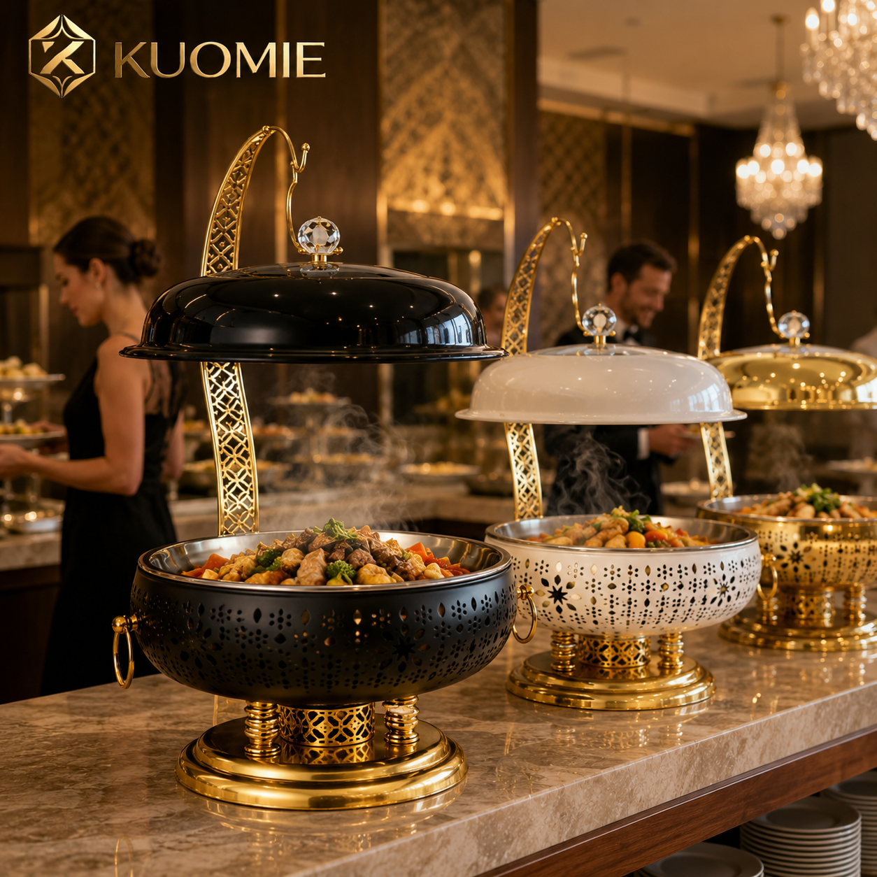 KUOMIE Premium Stainless Steel Food Warmer with Decorative Gold Stand