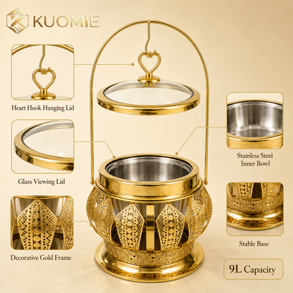 Luxury Round Gold Chafing Dish with Glass Lid, Stainless Steel Food Pan & Decorative Hanging Handle for Hotel Buffet, Wedding Catering, Banquets and Parties