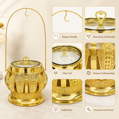 Luxury Round Gold Chafing Dish with Glass Lid, Stainless Steel Food Pan & Decorative Hanging Handle for Hotel Buffet, Wedding Catering, Banquets and Parties