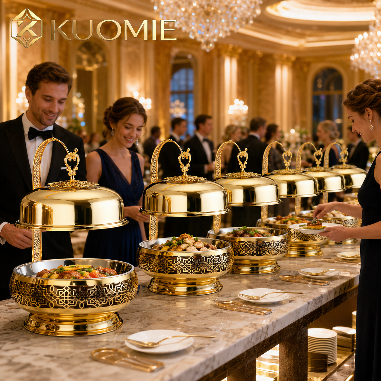 Luxury Gold Chafing Dish with Hanging Dome Lid and Stainless Steel Inner Bowl