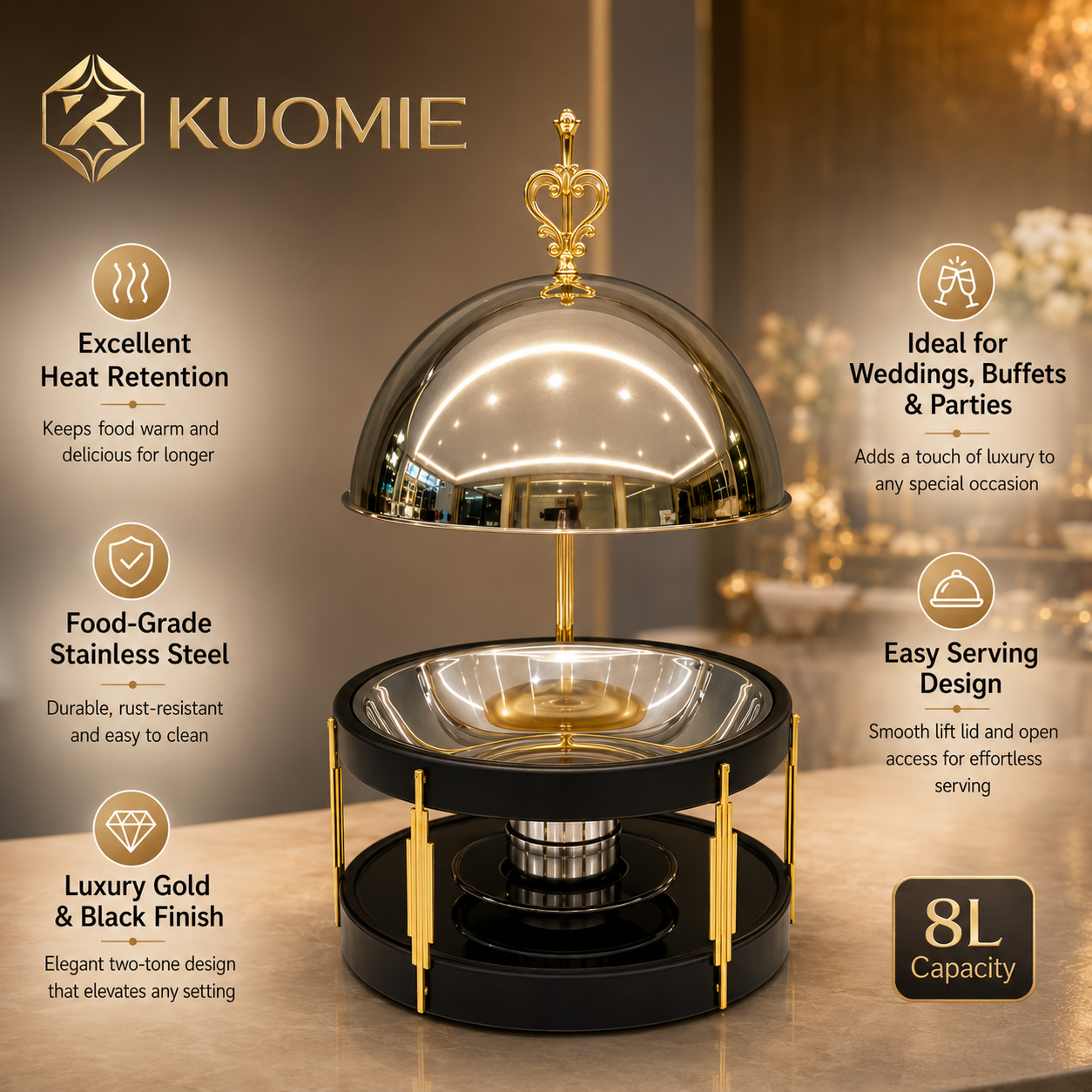 Luxury 8L  Chafing Dish with Hanging Lid for Wedding Buffet and Hotel Catering