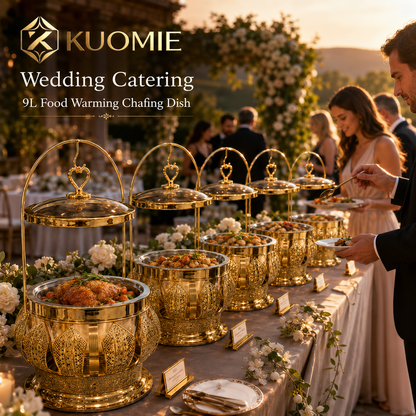 Luxury Round Gold Chafing Dish with Glass Lid, Stainless Steel Food Pan & Decorative Hanging Handle for Hotel Buffet, Wedding Catering, Banquets and Parties