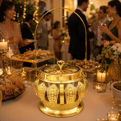 Luxury Round Gold Chafing Dish with Glass Lid, Stainless Steel Food Pan & Decorative Hanging Handle for Hotel Buffet, Wedding Catering, Banquets and Parties