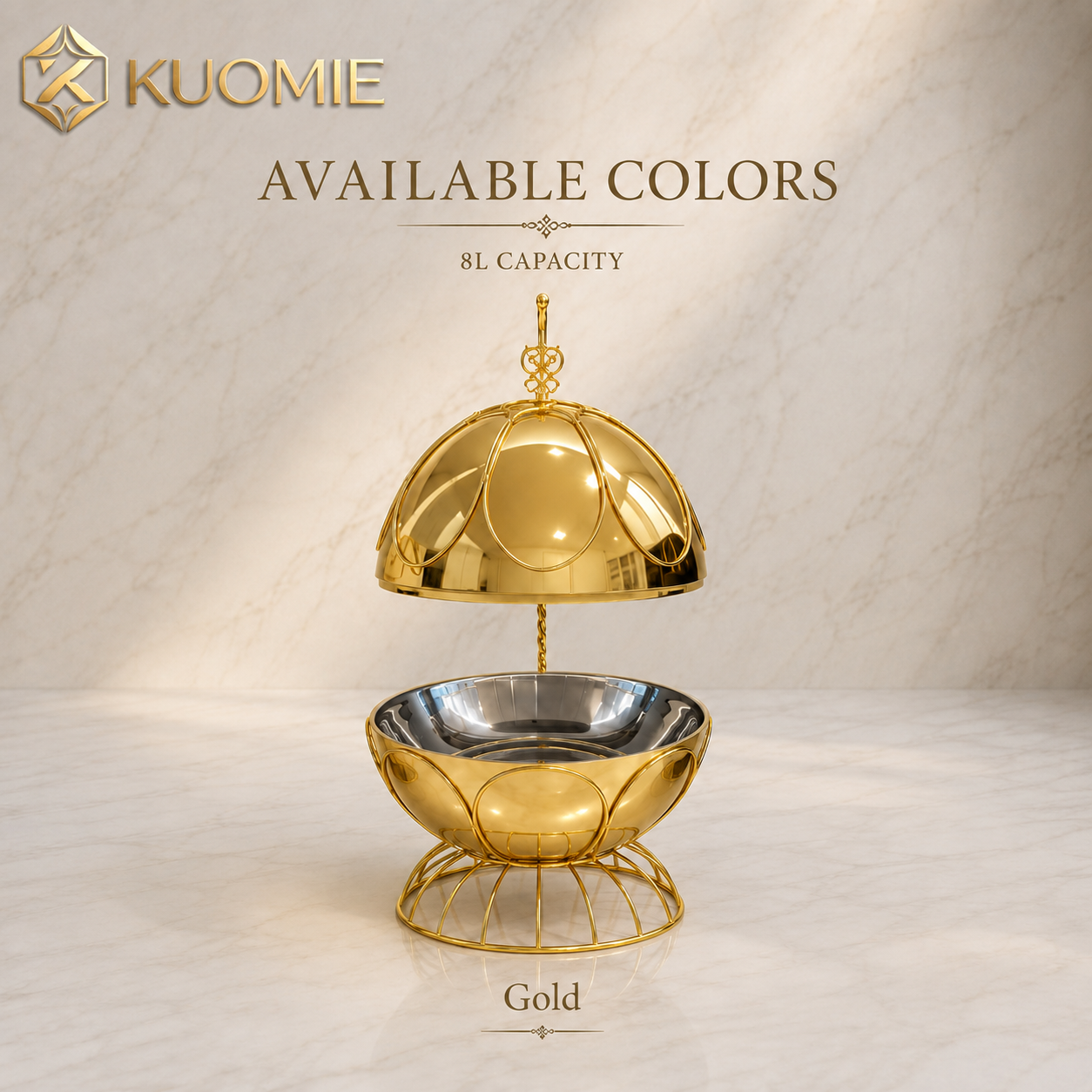 8L Luxury Chafing Dish with Hanging Petal Dome Lid for Hotel Buffets, Weddings and Catering