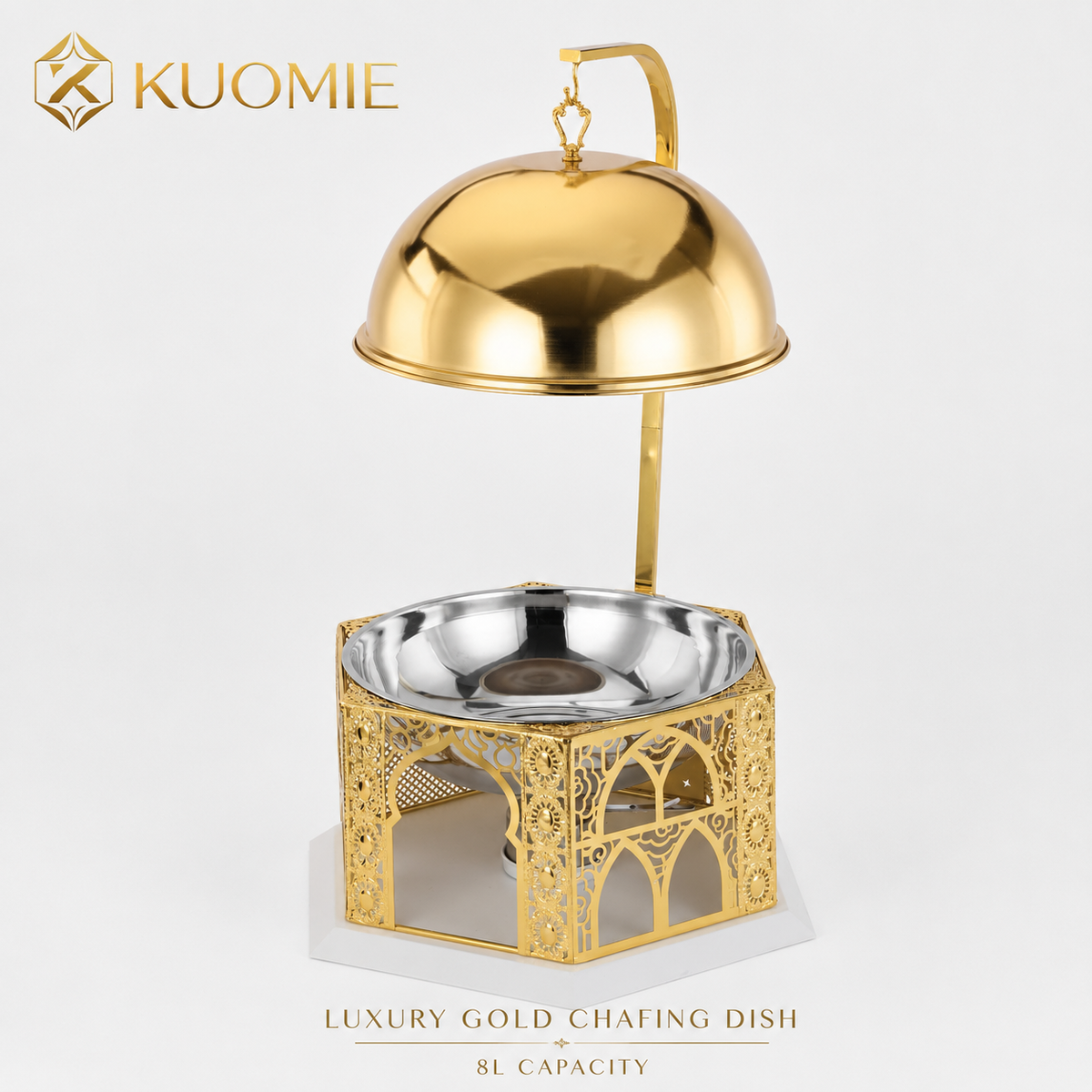 Luxury Gold Chafing Dish 8L Stainless Steel Food Warmer with Hanging Dome Lid for Buffet, Wedding, Catering and Party Events