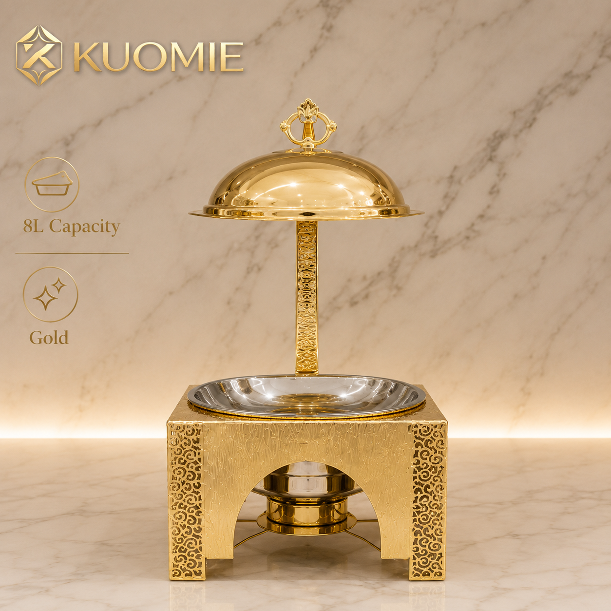 KUOMIE Premium Gold Food Warmer with Decorative Square Base for Hotels and Weddings