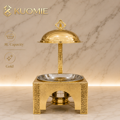 KUOMIE Premium Gold Food Warmer with Decorative Square Base for Hotels and Weddings