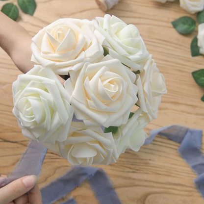 Artificial Flowers 25pcs Real Looking Ivory Foam Fake Roses with Stems for DIY Wedding Bouquets White Bridal Shower Centerpieces Arrangements Party Tables Decorations - kuomie