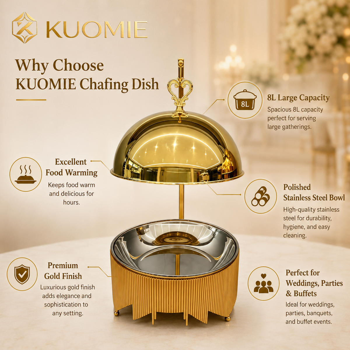 KUOMIE 8L Luxury Gold Chafing Dish for Buffet Food Warming and Elegant Catering