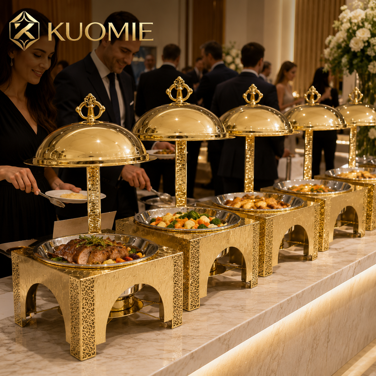 KUOMIE Premium Gold Food Warmer with Decorative Square Base for Hotels and Weddings