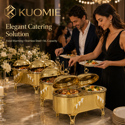 KUOMIE Luxury 16L Dual Compartment Gold Chafing Dish with Stainless Steel Food Pans for Weddings, Buffets, Hotels & Events