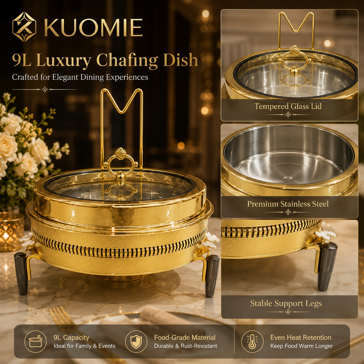 Luxury 9L Gold Chafing Dish for Wedding Catering, Hotel Buffet and Party Food Warming