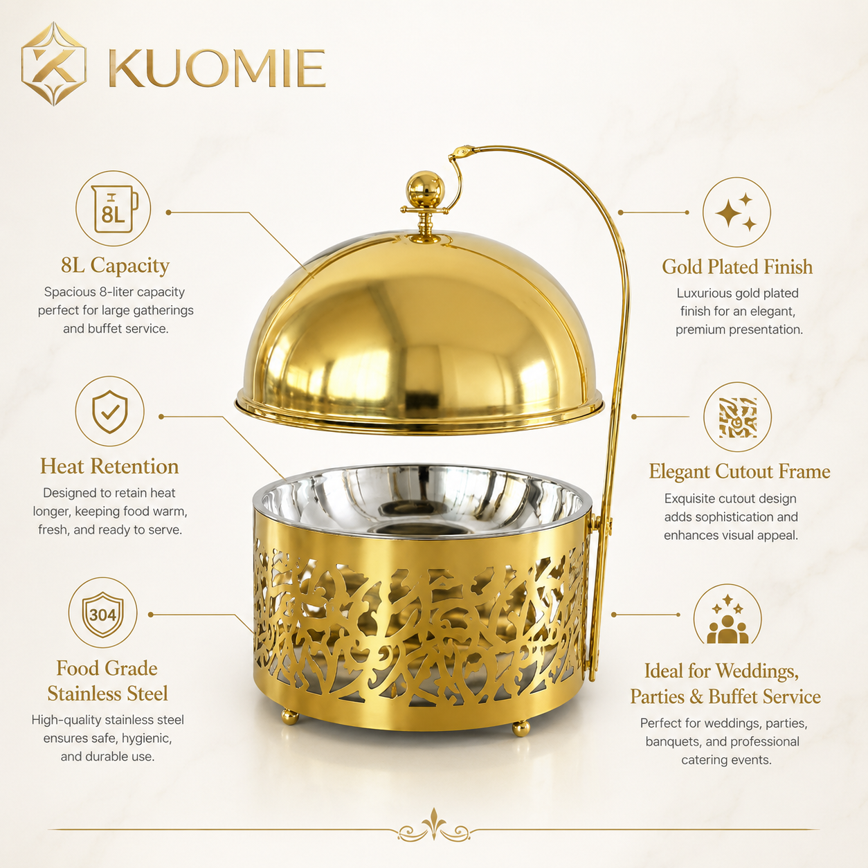 KUOMIE 8L Luxury Gold Chafing Dish for Wedding Catering and Hotel Buffets