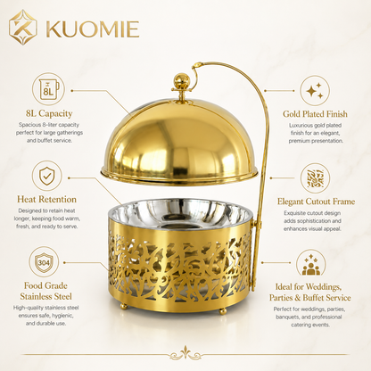 KUOMIE 8L Luxury Gold Chafing Dish for Wedding Catering and Hotel Buffets