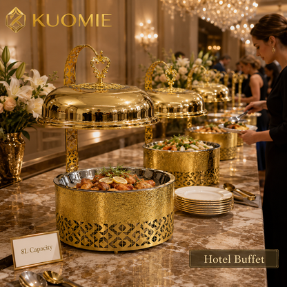 KUOMIE Luxury 8L Gold Chafing Dish with Hanging Lid, Stainless Steel Food Warmer for Weddings, Hotel Buffets, Catering Events, Parties, and Banquets