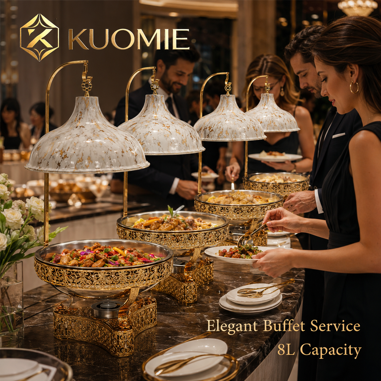 KUOMIE 8L Luxury Chafing Dish with Hanging Lid, Stainless Steel Food Pan, Gold Filigree Buffet Warmer for Weddings, Hotels, Catering, Parties and Events