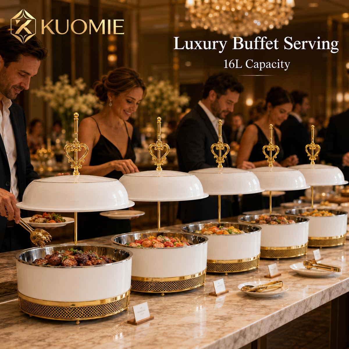 KUOMIE 16L Luxury White and Gold Chafing Dish for Buffet Food Warming and Elegant Catering
