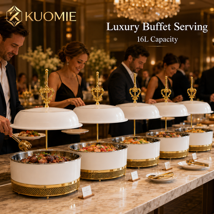 KUOMIE 16L Luxury White and Gold Chafing Dish for Buffet Food Warming and Elegant Catering