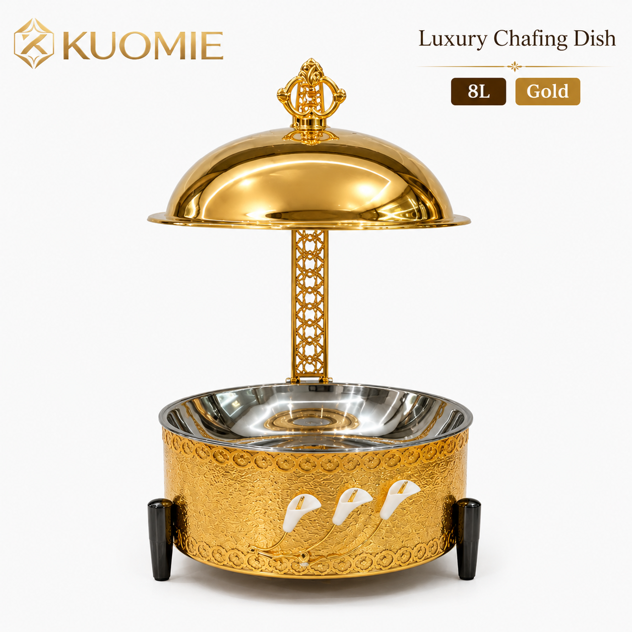 KUOMIE Luxury Gold Chafing Dish with Hanging Dome Lid, Stainless Steel Buffet Food Warmer for Weddings, Hotels, Catering, Banquets, and Parties