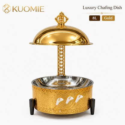 KUOMIE Luxury Gold Chafing Dish with Hanging Dome Lid, Stainless Steel Buffet Food Warmer for Weddings, Hotels, Catering, Banquets, and Parties