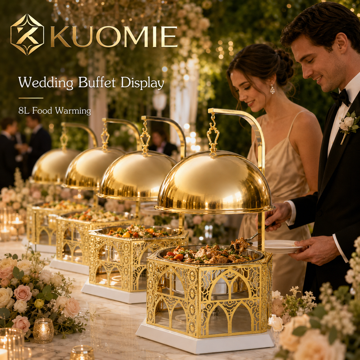 Luxury Gold Chafing Dish 8L Stainless Steel Food Warmer with Hanging Dome Lid for Buffet, Wedding, Catering and Party Events