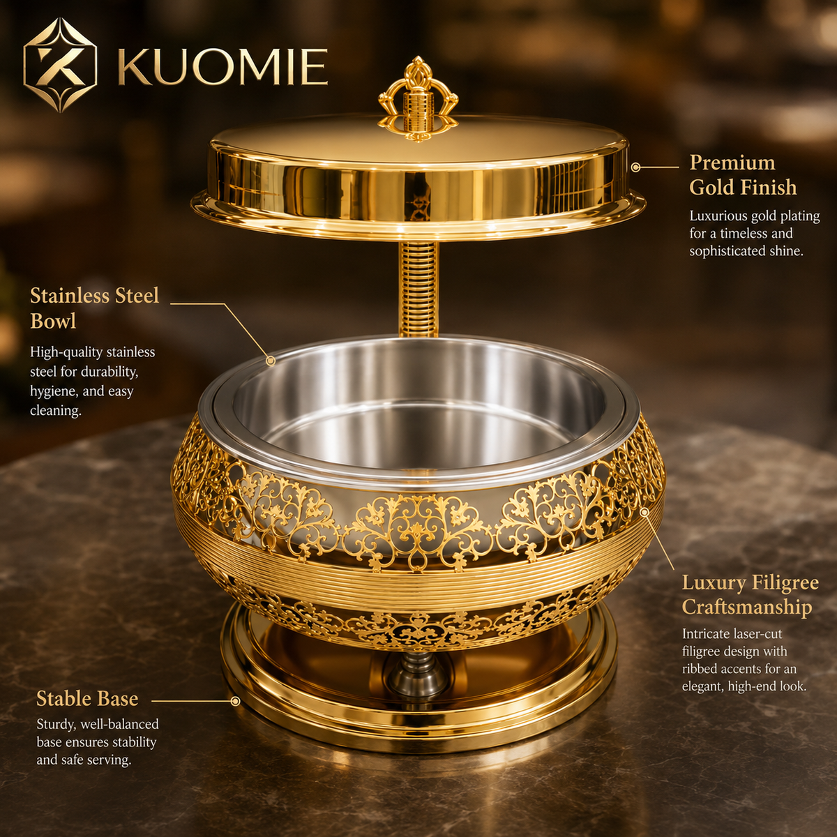 KUOMIE Luxury Gold 9L Chafing Dish for Premium Buffet Food Warming and Elegant Event Catering