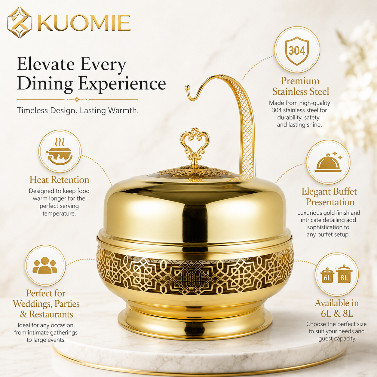 Luxury Gold Chafing Dish with Hanging Dome Lid and Stainless Steel Inner Bowl