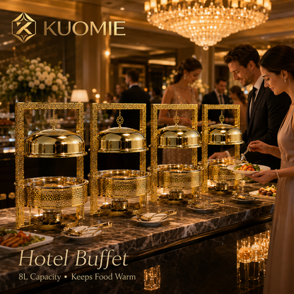 KUOMIE Luxury 8L Gold Chafing Dish with Hanging Lid Frame, Stainless Steel Buffet Food Warmer for Weddings, Hotels, Catering, Parties, and Banquets