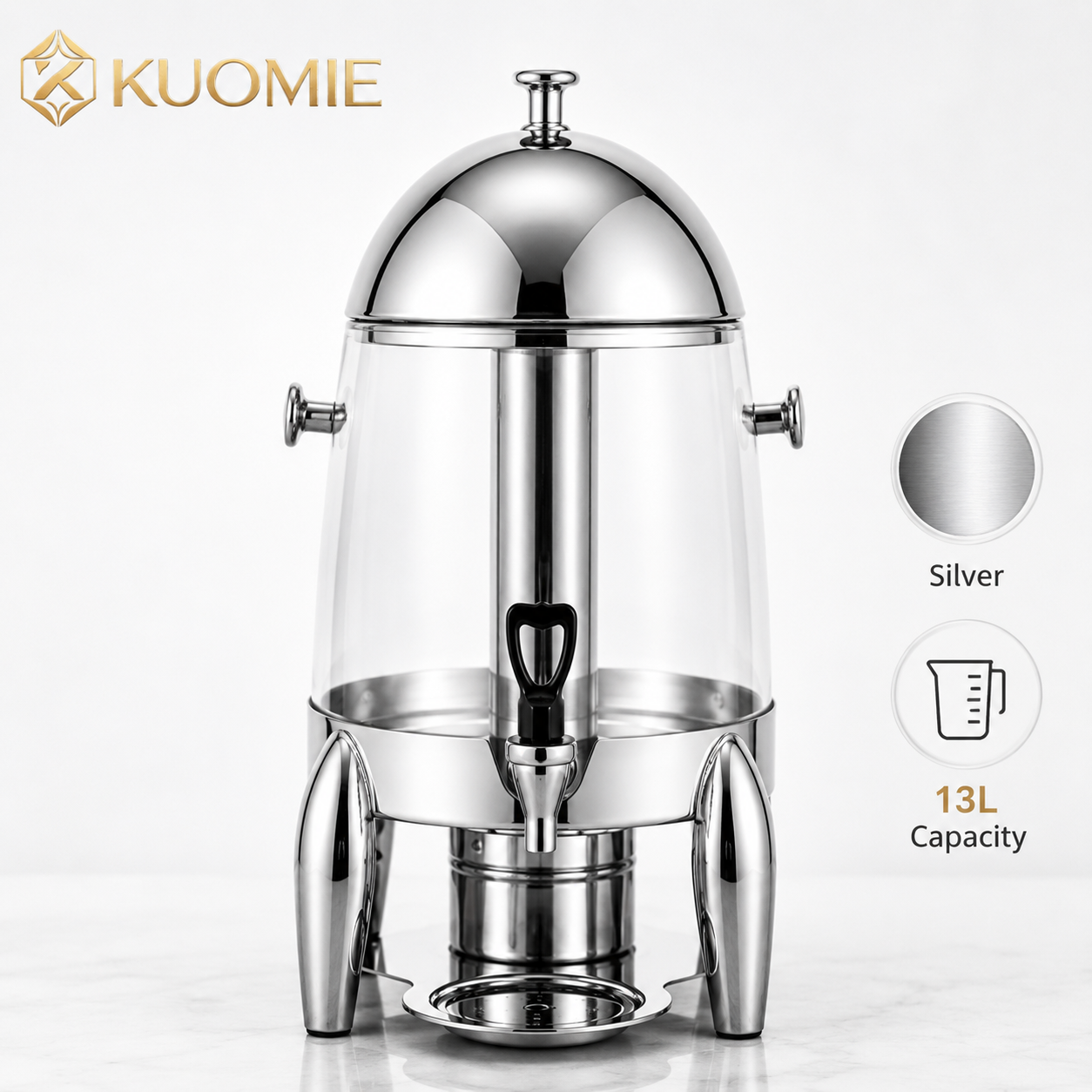 KUOMIE 13L Stainless Steel Beverage Dispenser with Clear Juice Tank, Mirror Polished Lid, Faucet, and Drip Tray for Hotels, Buffets, Weddings, Catering, and Parties