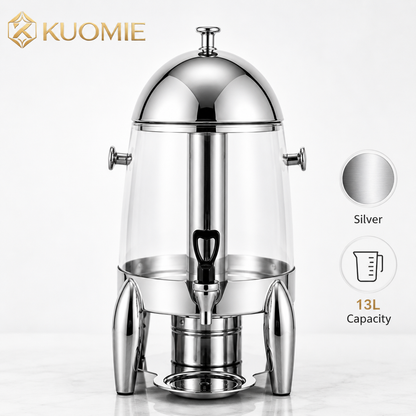 KUOMIE 13L Stainless Steel Beverage Dispenser with Clear Juice Tank, Mirror Polished Lid, Faucet, and Drip Tray for Hotels, Buffets, Weddings, Catering, and Parties