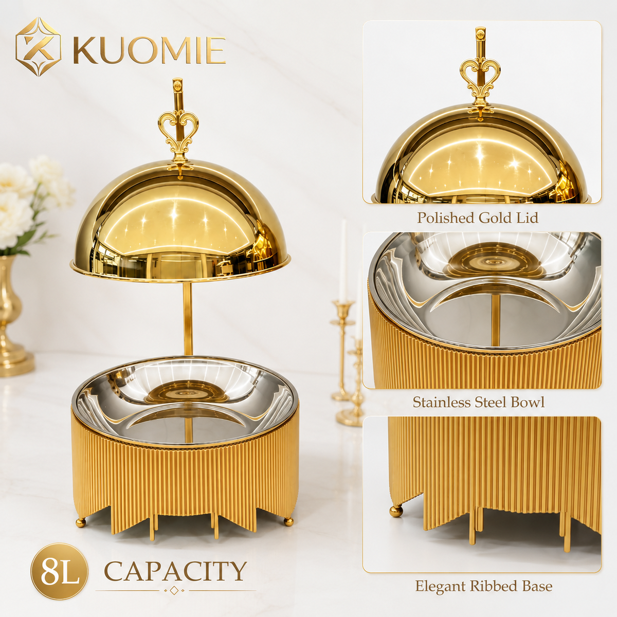 KUOMIE 8L Luxury Gold Chafing Dish for Buffet Food Warming and Elegant Catering
