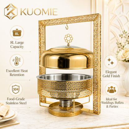 KUOMIE Luxury 8L Gold Chafing Dish with Hanging Lid Frame, Stainless Steel Buffet Food Warmer for Weddings, Hotels, Catering, Parties, and Banquets