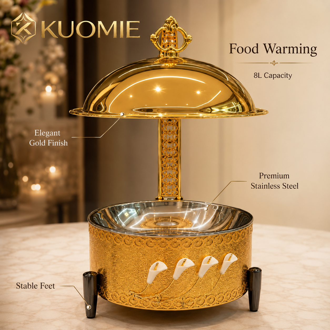 KUOMIE Luxury Gold Chafing Dish with Hanging Dome Lid, Stainless Steel Buffet Food Warmer for Weddings, Hotels, Catering, Banquets, and Parties