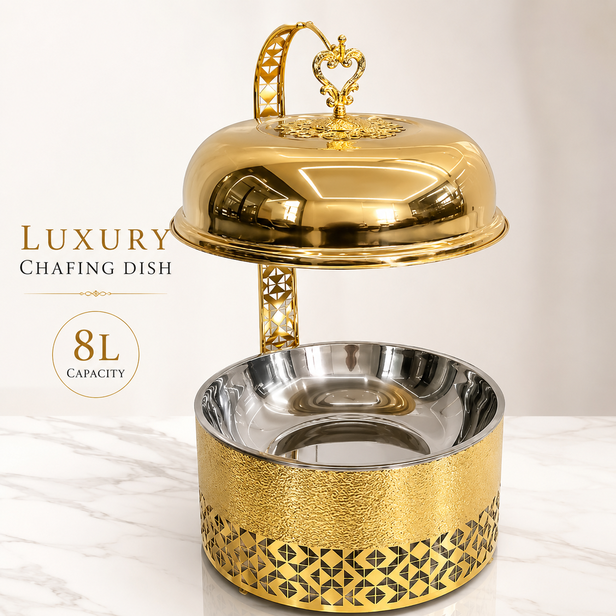 KUOMIE Luxury 8L Gold Chafing Dish with Hanging Lid, Stainless Steel Food Warmer for Weddings, Hotel Buffets, Catering Events, Parties, and Banquets